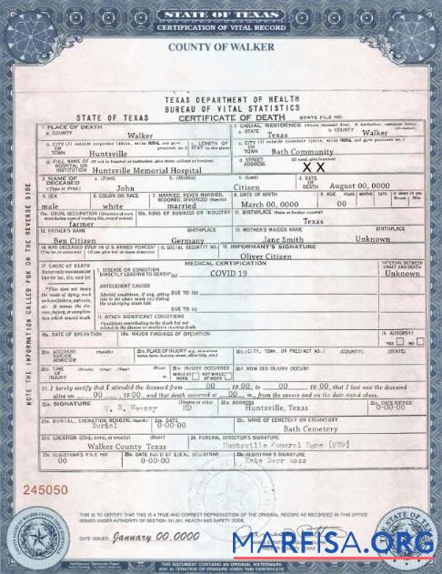 Blank USA Texas state death certificate template in PSD format
